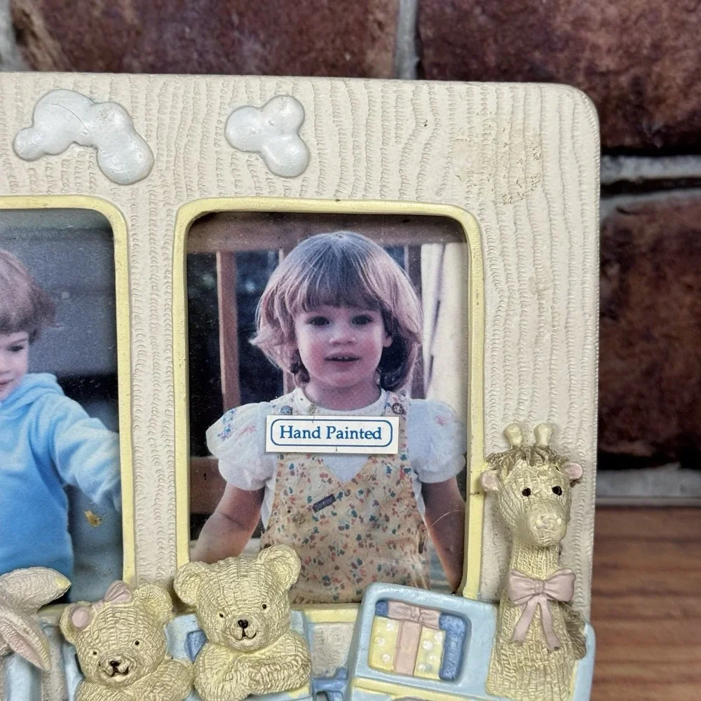 Vtg Burnes of Boston Ceramic Double Picture Frame Nursery Train 1990s Y2K Pastel